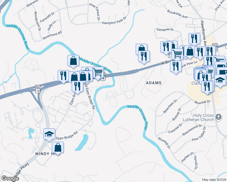 map of restaurants, bars, coffee shops, grocery stores, and more near 240 Sycamore Drive in Athens