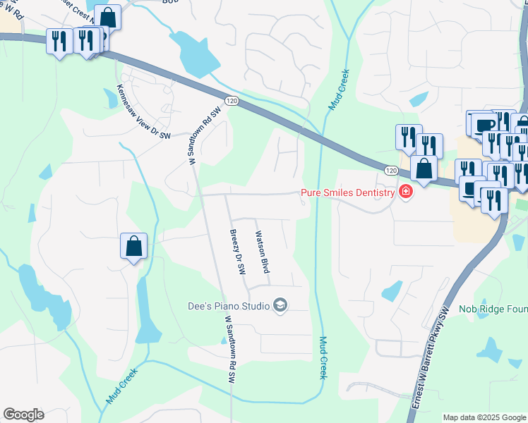 map of restaurants, bars, coffee shops, grocery stores, and more near 2984 Mike Drive in Marietta