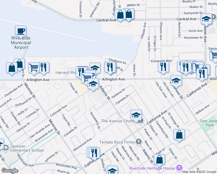 map of restaurants, bars, coffee shops, grocery stores, and more near 8293 San Vicente Avenue in Riverside