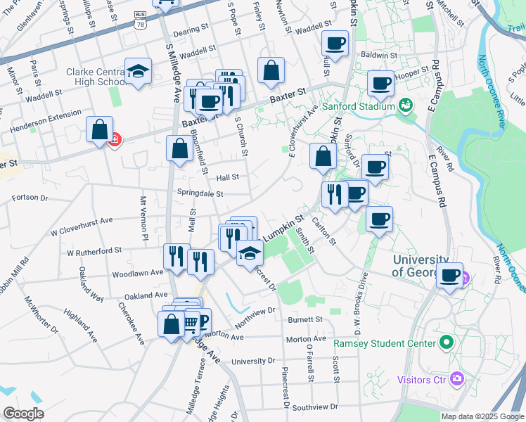 map of restaurants, bars, coffee shops, grocery stores, and more near 184 Brittain Avenue in Athens