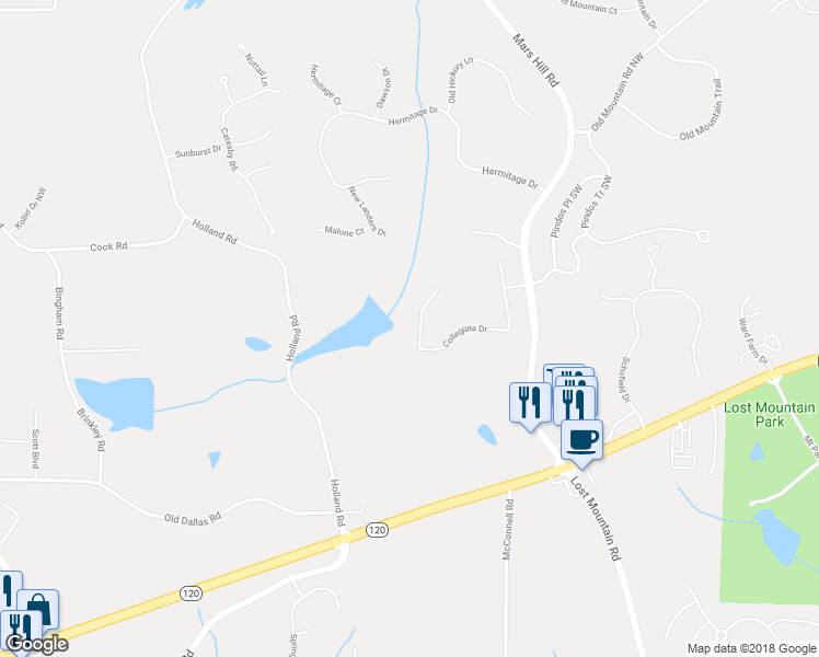 map of restaurants, bars, coffee shops, grocery stores, and more near 396 Collegiate Drive in Powder Springs