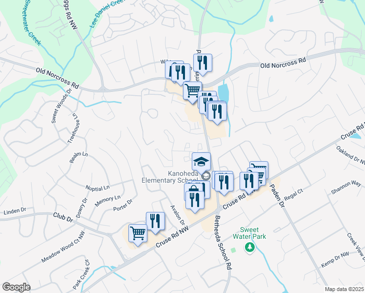map of restaurants, bars, coffee shops, grocery stores, and more near 2763 Herrington Woods Court Northwest in Lawrenceville