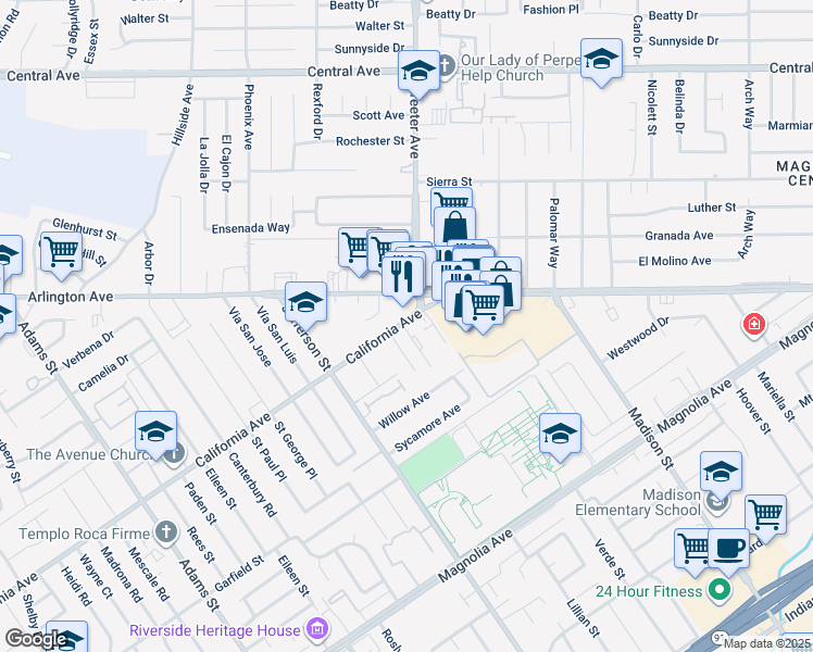 map of restaurants, bars, coffee shops, grocery stores, and more near 7756 California Avenue in Riverside