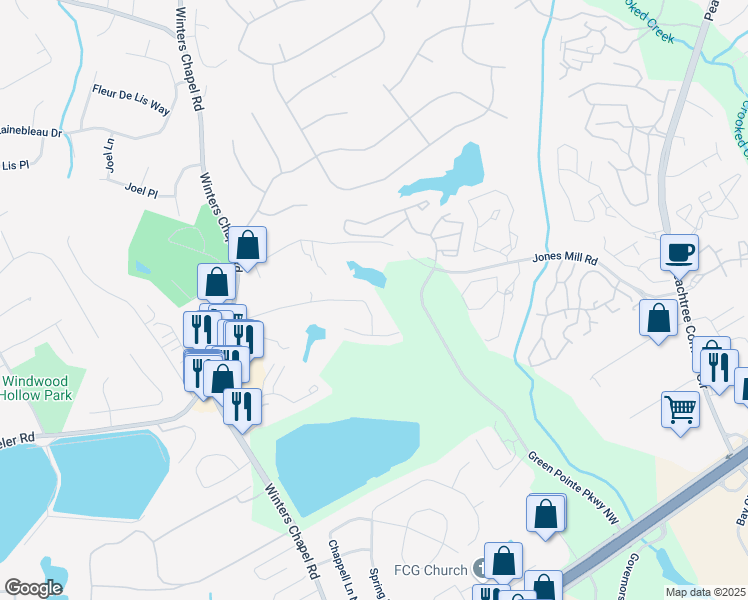 map of restaurants, bars, coffee shops, grocery stores, and more near 6889 Lake View Lane in Doraville