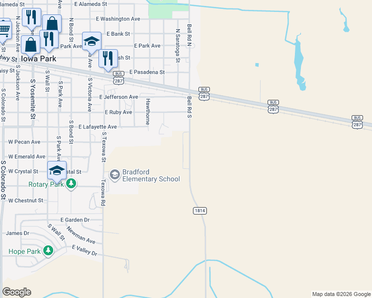 map of restaurants, bars, coffee shops, grocery stores, and more near 664 Bell Road South in Iowa Park