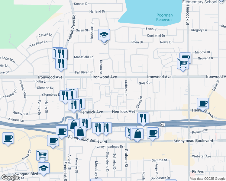 map of restaurants, bars, coffee shops, grocery stores, and more near 12087 Buckthorn Drive in Moreno Valley