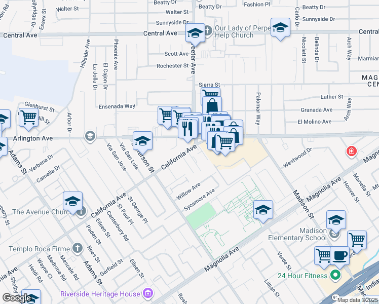 map of restaurants, bars, coffee shops, grocery stores, and more near 7726 California Avenue in Riverside