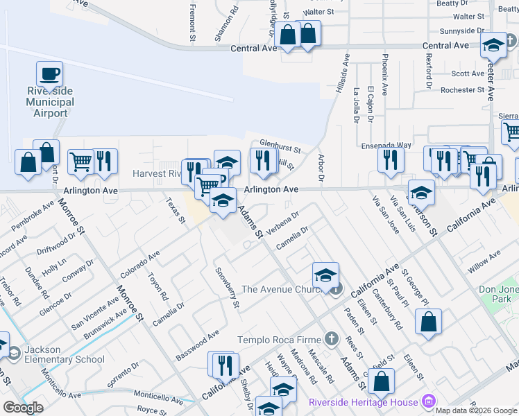 map of restaurants, bars, coffee shops, grocery stores, and more near 8293 San Vicente Avenue in Riverside