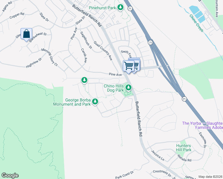 map of restaurants, bars, coffee shops, grocery stores, and more near 16975 Braga Drive in Chino Hills
