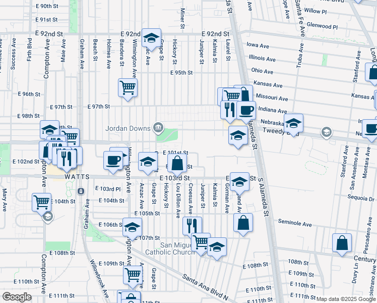 map of restaurants, bars, coffee shops, grocery stores, and more near 2147 East 101st Street in Los Angeles