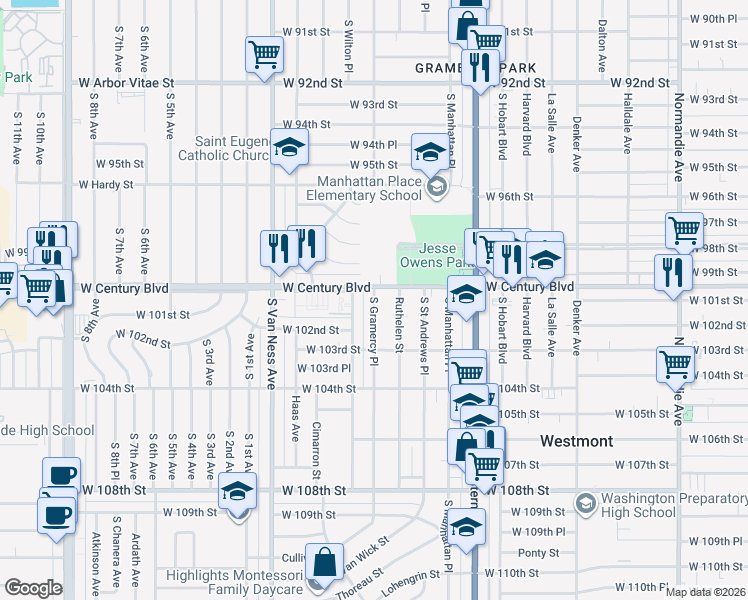 map of restaurants, bars, coffee shops, grocery stores, and more near 10008 South Wilton Place in Los Angeles