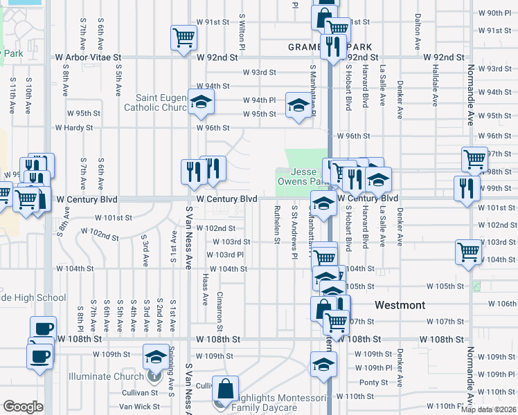map of restaurants, bars, coffee shops, grocery stores, and more near 10008 South Wilton Place in Los Angeles