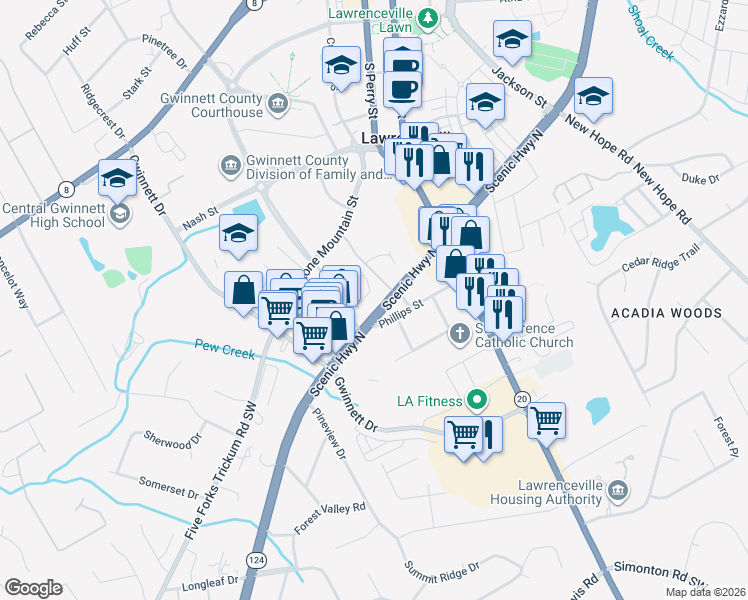 map of restaurants, bars, coffee shops, grocery stores, and more near 219 Scenic Highway South in Lawrenceville