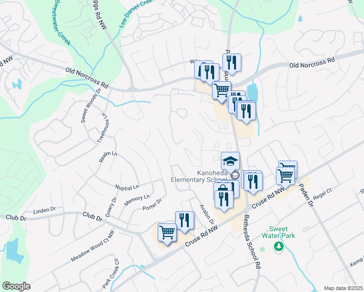 map of restaurants, bars, coffee shops, grocery stores, and more near 1315 Avalon Drive in Lawrenceville