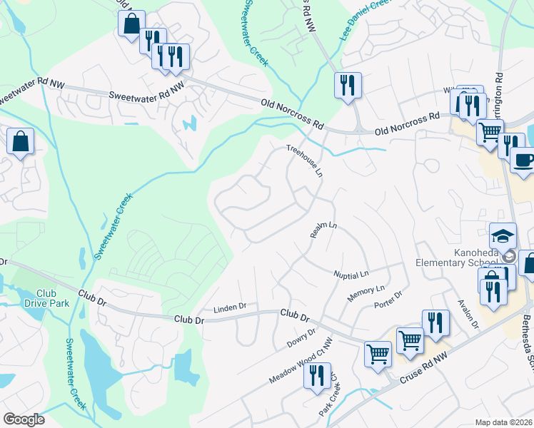 map of restaurants, bars, coffee shops, grocery stores, and more near 2925 Shady Woods Circle in Lawrenceville