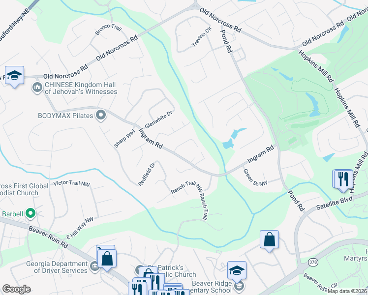 map of restaurants, bars, coffee shops, grocery stores, and more near 4886 Royal Drive Northwest in Duluth