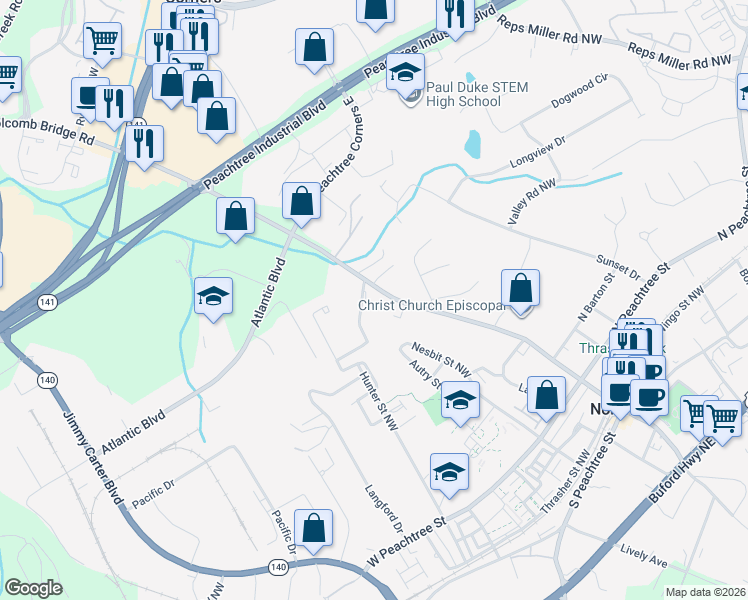 map of restaurants, bars, coffee shops, grocery stores, and more near 675 Holcomb Bridge Road in Norcross