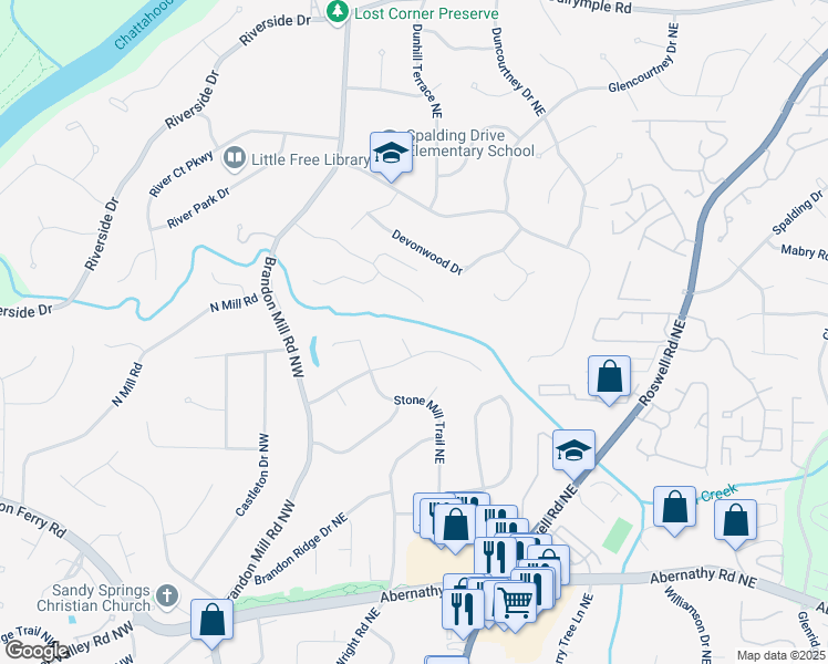 map of restaurants, bars, coffee shops, grocery stores, and more near 615 Mark Trail Court Northwest in Atlanta