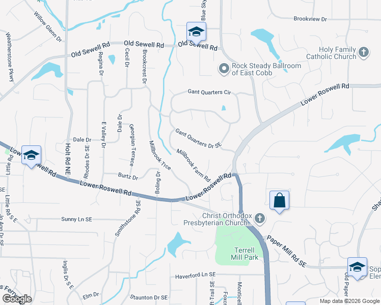 map of restaurants, bars, coffee shops, grocery stores, and more near 237 Millbrook Farm Road in Marietta