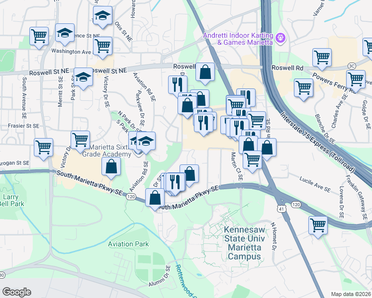 map of restaurants, bars, coffee shops, grocery stores, and more near 309 Williamson Street Southeast in Marietta