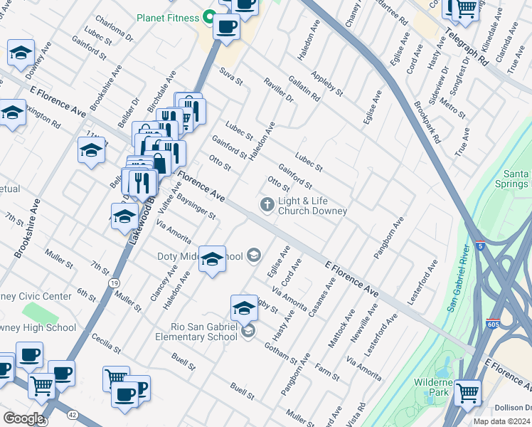 map of restaurants, bars, coffee shops, grocery stores, and more near 9245 Florence Avenue in Downey