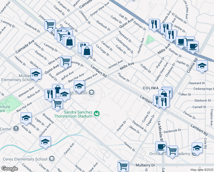 map of restaurants, bars, coffee shops, grocery stores, and more near 9632 Elmore Avenue in Whittier