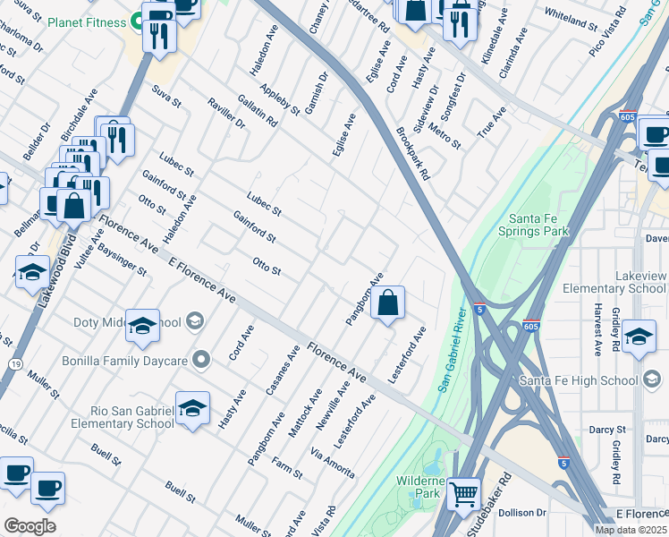 map of restaurants, bars, coffee shops, grocery stores, and more near 9840 Downey & Sanford Bridge Road in Downey