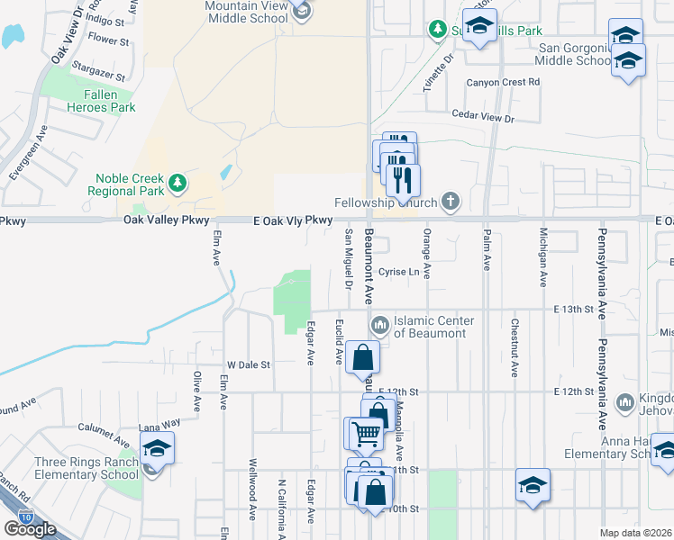 map of restaurants, bars, coffee shops, grocery stores, and more near 1344 Avalon Avenue in Beaumont