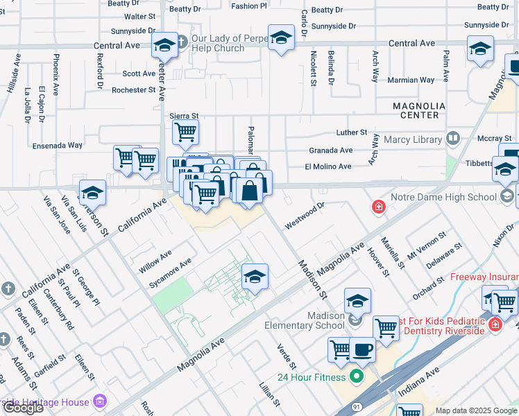 map of restaurants, bars, coffee shops, grocery stores, and more near 4012 Madison Street in Riverside