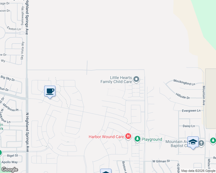 map of restaurants, bars, coffee shops, grocery stores, and more near 5305 Guava Lane in Banning