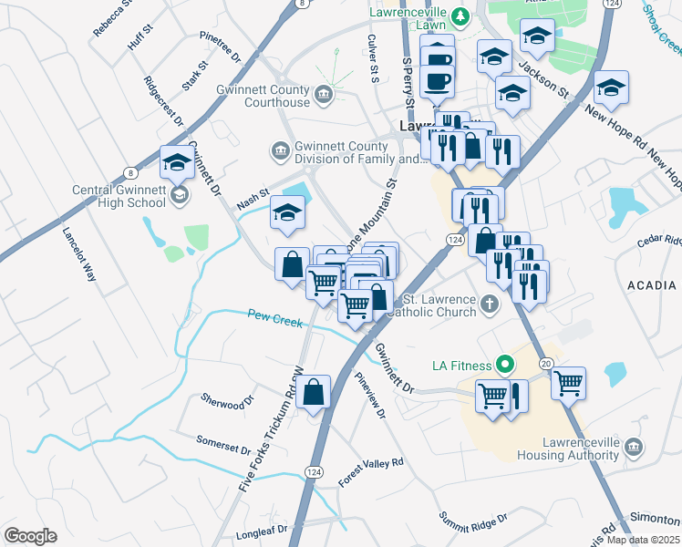 map of restaurants, bars, coffee shops, grocery stores, and more near 259 Stone Mountain Street in Lawrenceville
