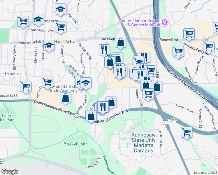 map of restaurants, bars, coffee shops, grocery stores, and more near 309 Williamson Street Southeast in Marietta