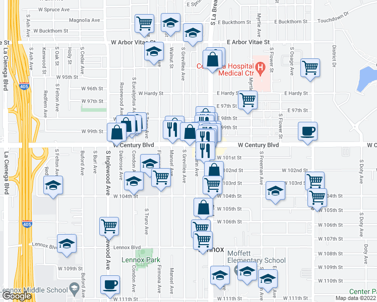 map of restaurants, bars, coffee shops, grocery stores, and more near 10010 South Grevillea Avenue in Inglewood