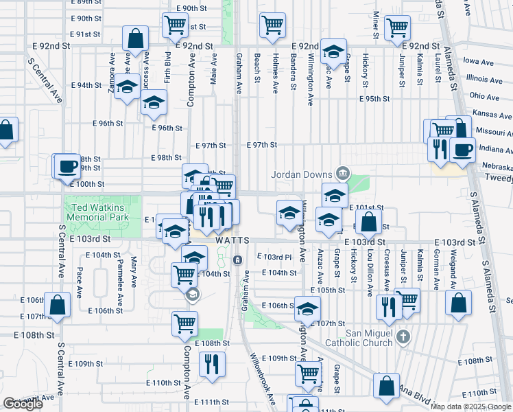 map of restaurants, bars, coffee shops, grocery stores, and more near 10027 Beach Street in Los Angeles