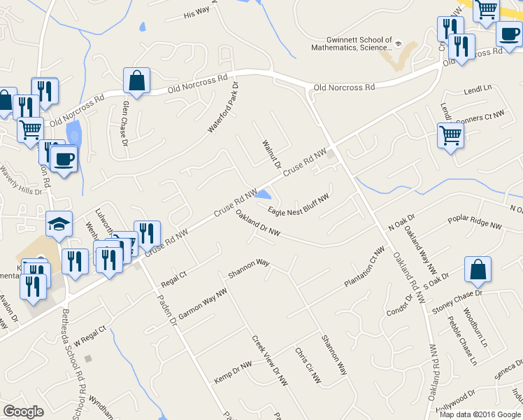 map of restaurants, bars, coffee shops, grocery stores, and more near 2260 Eagle Nest Bluff Northwest in Lawrenceville