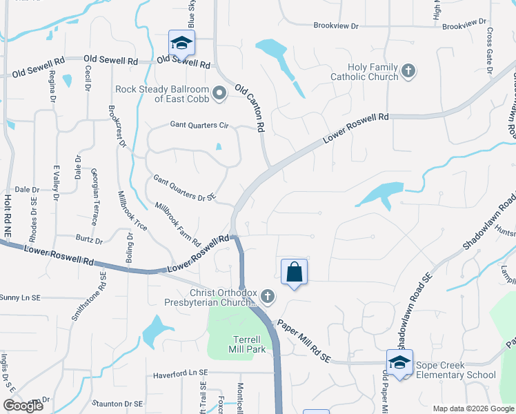 map of restaurants, bars, coffee shops, grocery stores, and more near 3115 Parisian Drive Southeast in Marietta