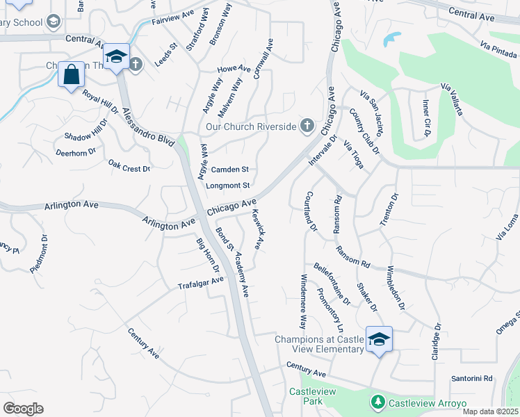 map of restaurants, bars, coffee shops, grocery stores, and more near 5980 Keswick Avenue in Riverside