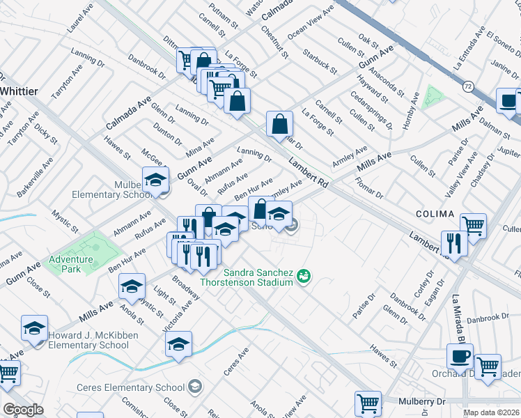 map of restaurants, bars, coffee shops, grocery stores, and more near 9734 Armley Avenue in Whittier