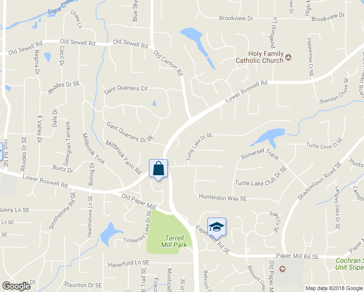 map of restaurants, bars, coffee shops, grocery stores, and more near 3115 Parisian Drive Southeast in Marietta