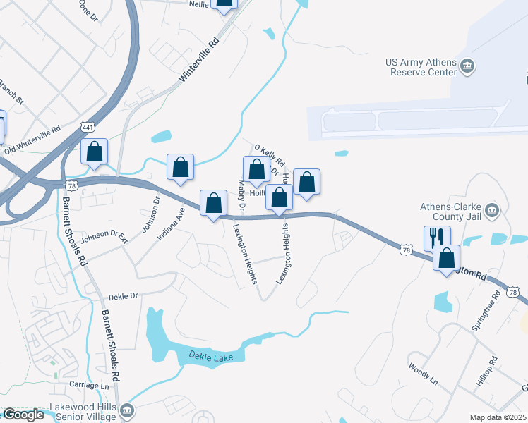 map of restaurants, bars, coffee shops, grocery stores, and more near 2175 Lexington Road in Athens
