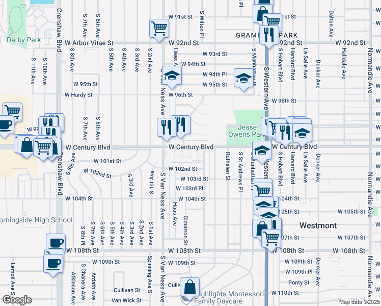 map of restaurants, bars, coffee shops, grocery stores, and more near 2056 West Century Boulevard in Los Angeles