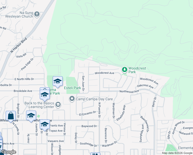 map of restaurants, bars, coffee shops, grocery stores, and more near 1234 Birchcrest Avenue in Brea