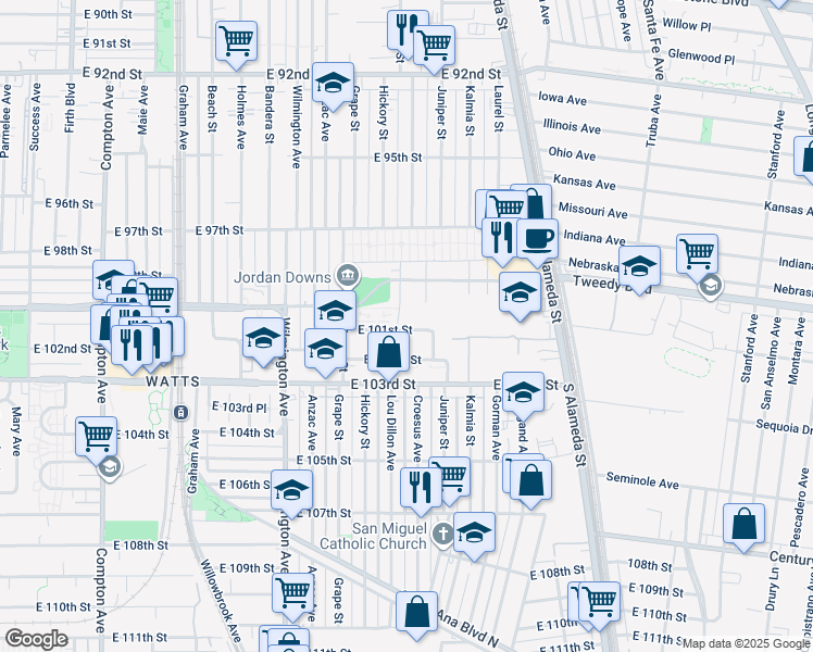 map of restaurants, bars, coffee shops, grocery stores, and more near 2147 East 101st Street in Los Angeles