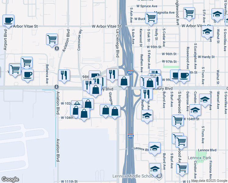 map of restaurants, bars, coffee shops, grocery stores, and more near 5200 West Century Boulevard in Los Angeles
