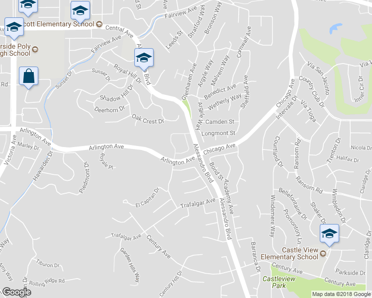 map of restaurants, bars, coffee shops, grocery stores, and more near 5877 Fairlane Drive in Riverside