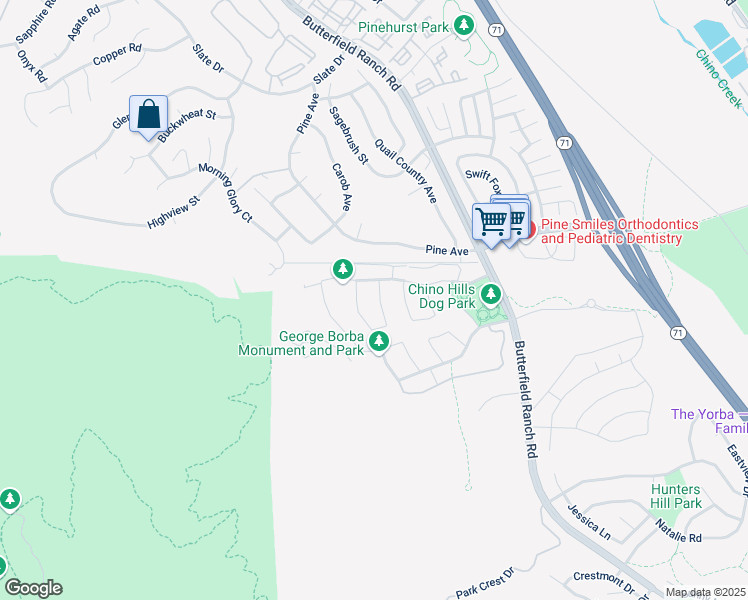 map of restaurants, bars, coffee shops, grocery stores, and more near 16983 Nazare Drive in Chino Hills
