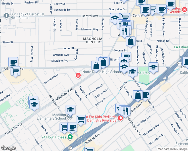 map of restaurants, bars, coffee shops, grocery stores, and more near 7130 Magnolia Avenue in Riverside