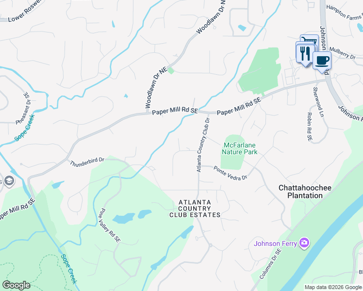 map of restaurants, bars, coffee shops, grocery stores, and more near 304 Rolling Rock Road in Marietta