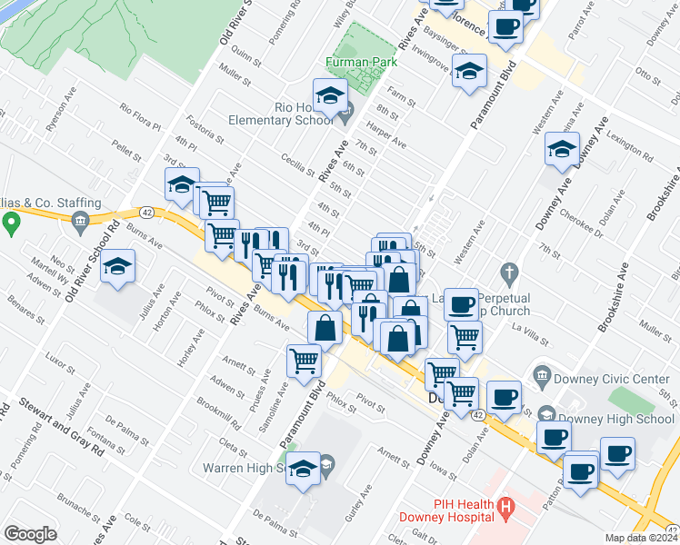 map of restaurants, bars, coffee shops, grocery stores, and more near 7936 3rd St in Downey