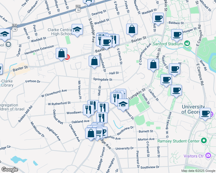 map of restaurants, bars, coffee shops, grocery stores, and more near 124 West Cloverhurst Avenue in Athens